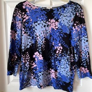 Talbots blue and pink floral sweater. Size Large petite with 3/4 sleeves.